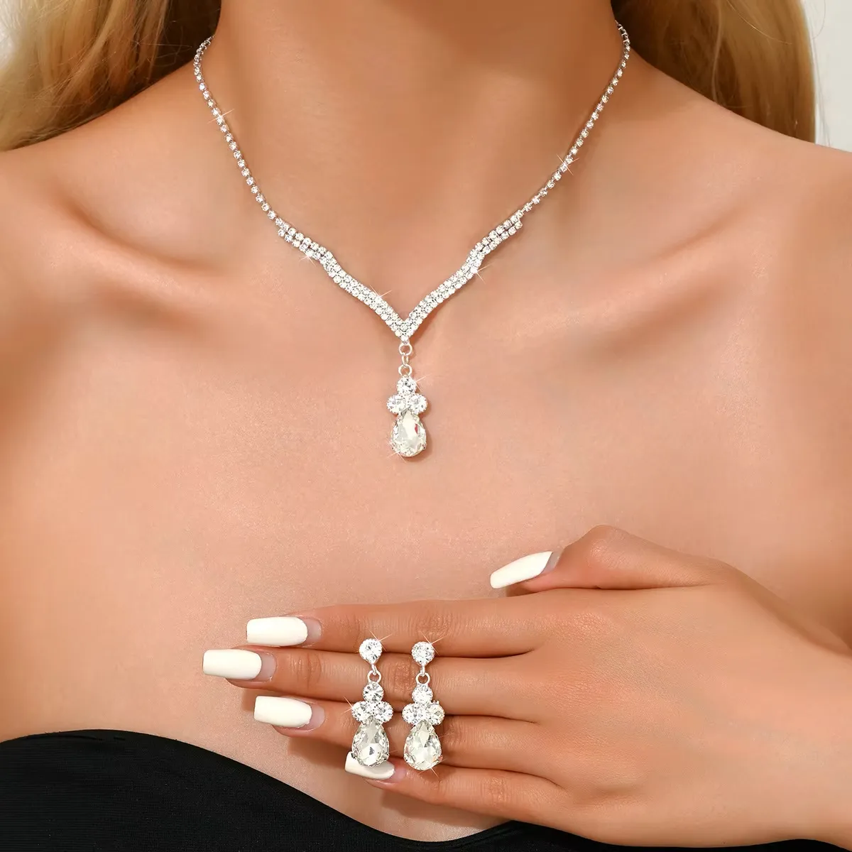 Versatile Bridal Jewelry Set Silver : Zircon Rhinestone Necklace & Earrings