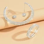 European & American Hot-Selling Full Diamond Claw Choker Silver Necklace & Bracelet Set